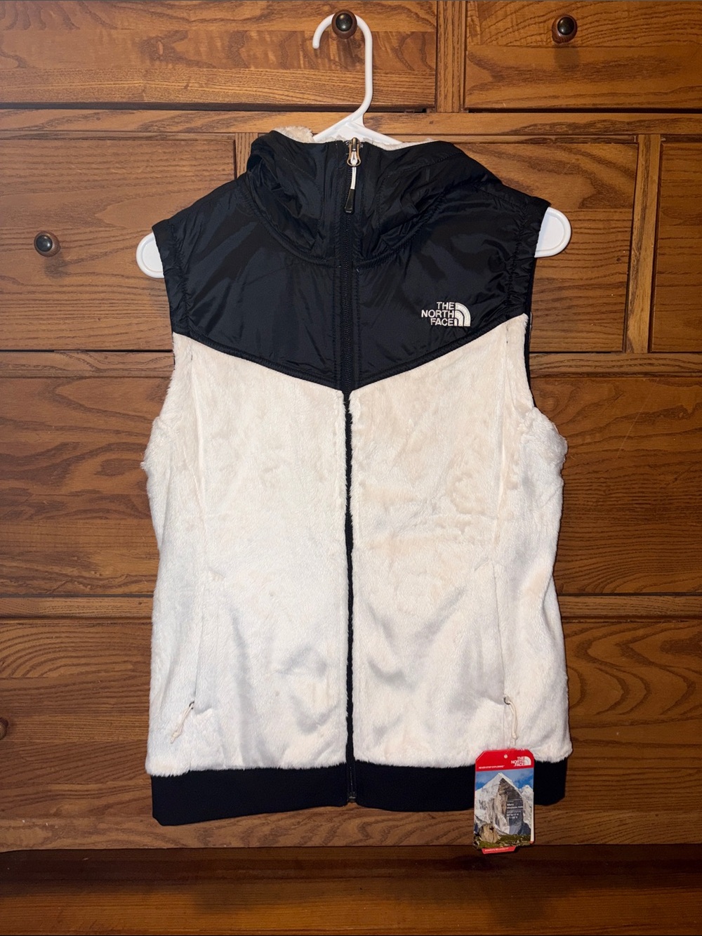 The North Face White and Black Hooded Fleece Vest